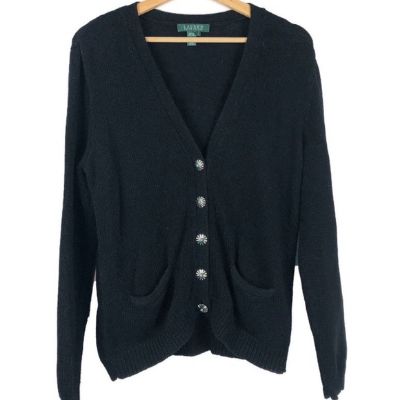 Lauren Ralph Lauren black knit V neck cardigan size Medium oversize buttons - Picture 1 of 9